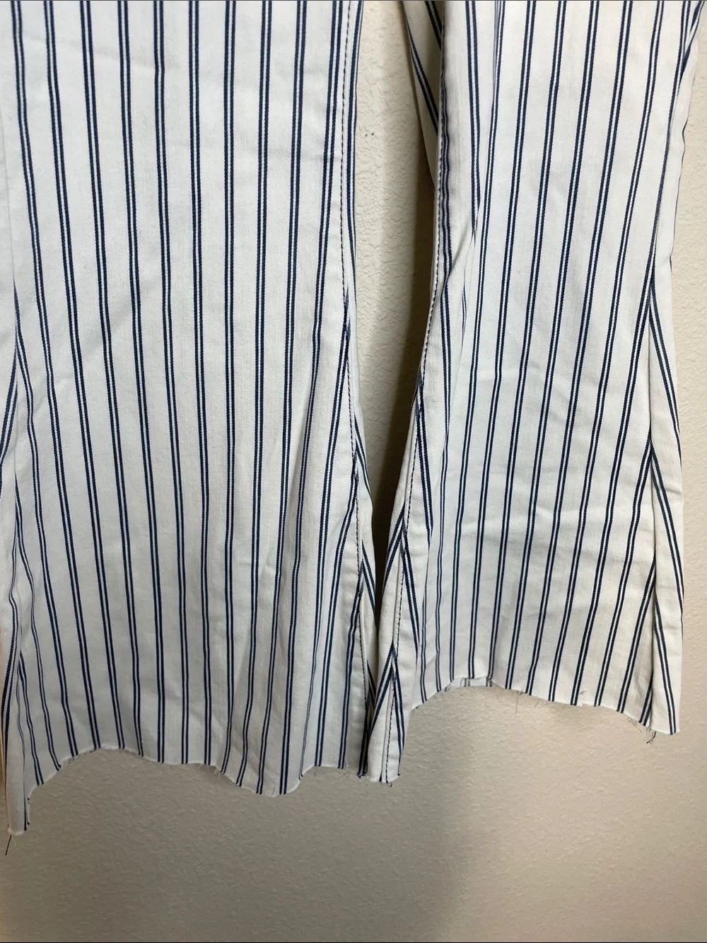Judy Blue | High Rise Navy Pinstripe Flare Jeans Raw Hem Boho Western Size 26